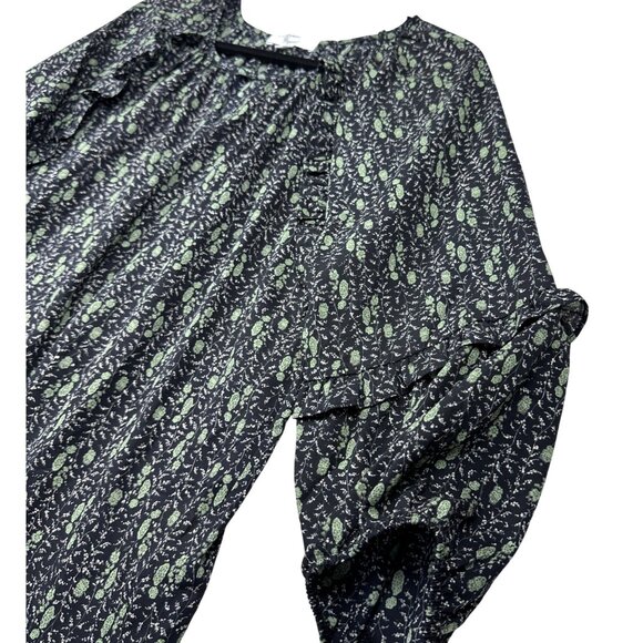 Beacon Apparel Black Green Floral Blouse Sz M 3/4 Sleeves Keyhole Flowy Fairy - Picture 6 of 12